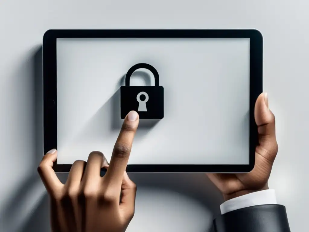 Acceso seguro a datos personales Persona sosteniendo tablet con símbolo de candado