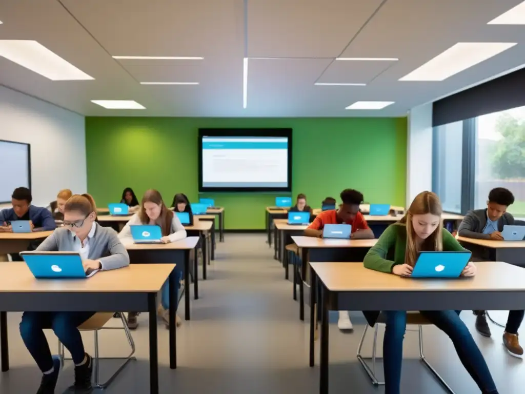 Aula digital con estudiantes en aprendizaje interactivo Importancia de la privacidad digital en América Latina: estudiantes en aula moderna con tecnología avanzada