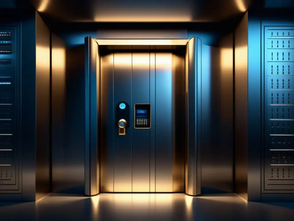 Vault de banco moderno con puerta de acero, iluminado y con detalles de seguridad - Requisitos legales protección datos financieros