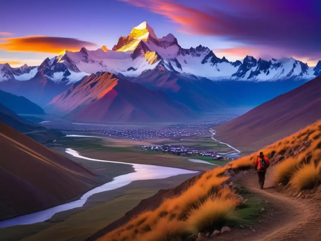 Majestuosos Andes bolivianos al atardecer Paisaje impresionante de los Andes bolivianos al atardecer, con picos nevados que atraviesan un cielo naranja y morado vibrante