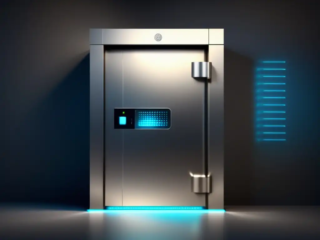 Requisitos legales protección datos financieros - Imagen de una moderna caja fuerte de acero inoxidable con teclado digital y escáner de huellas dactilares para el control de acceso