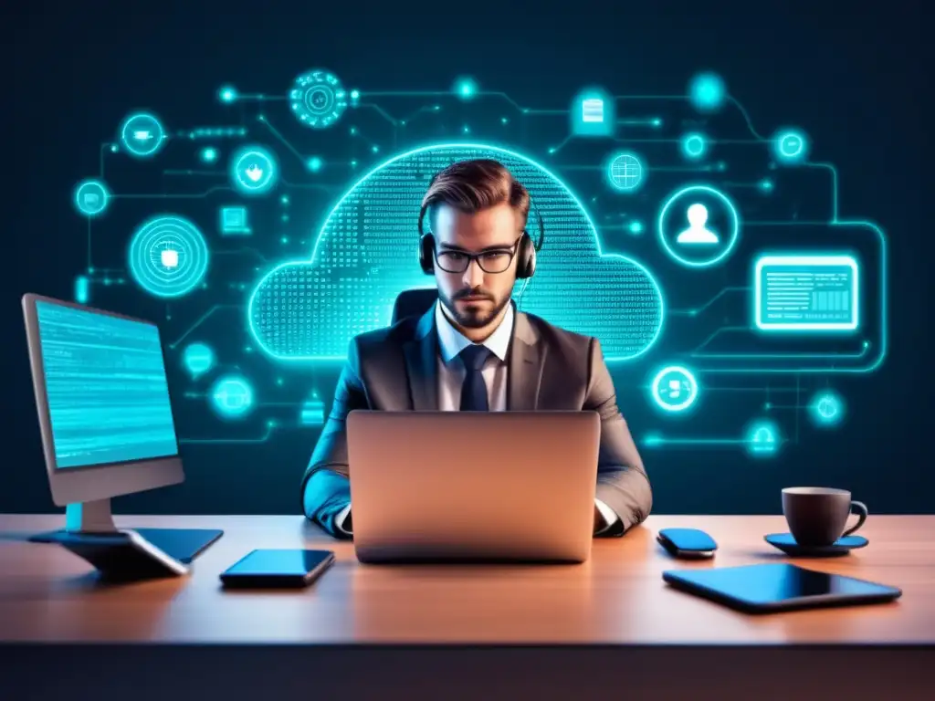 Seguridad digital: persona enfocada en ciberseguridad Persona en escritorio rodeada de dispositivos, enfocando la ciberseguridad y la privacidad digital en Uruguay