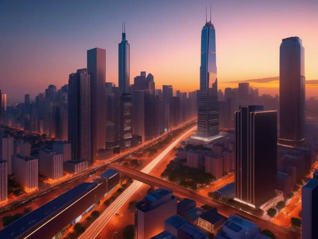 Ciudad latinoamericana al atardecer Impacto Ley Protección Datos en Latinoamérica: Ciudad atardecer, rascacielos modernos, persona con smartphone