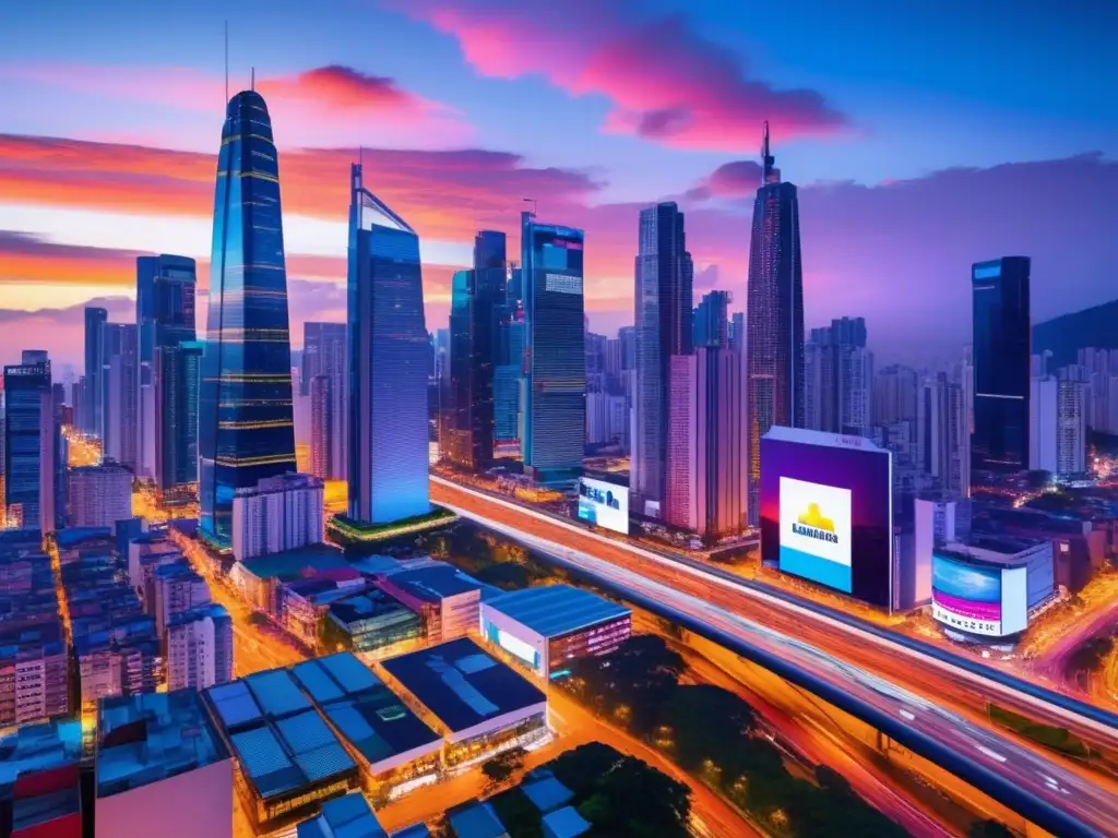Ciudad digital con mensajes de privacidad Privacidad digital en América Latina: ciudad moderna con rascacielos iluminados y vallas publicitarias digitales