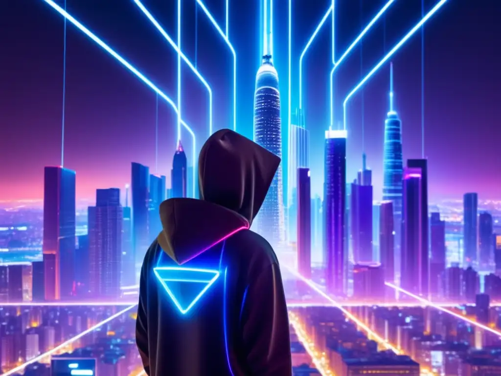 Ciudad futurista protegida por datos Futurista ciudad nocturna con rascacielos iluminados por luces de neón, protección de datos personales en la era digital