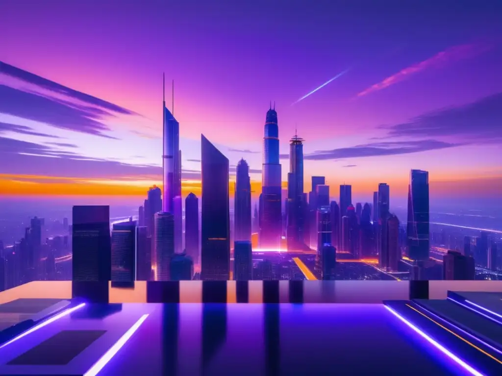 Futurista ciudad protegida con holograma de seguridad Impacto de la Ley de Protección de Datos en Latinoamérica: Futurista ciudad al atardecer con rascacielos imponentes, protegida por un escudo holográfico representando seguridad y transparencia