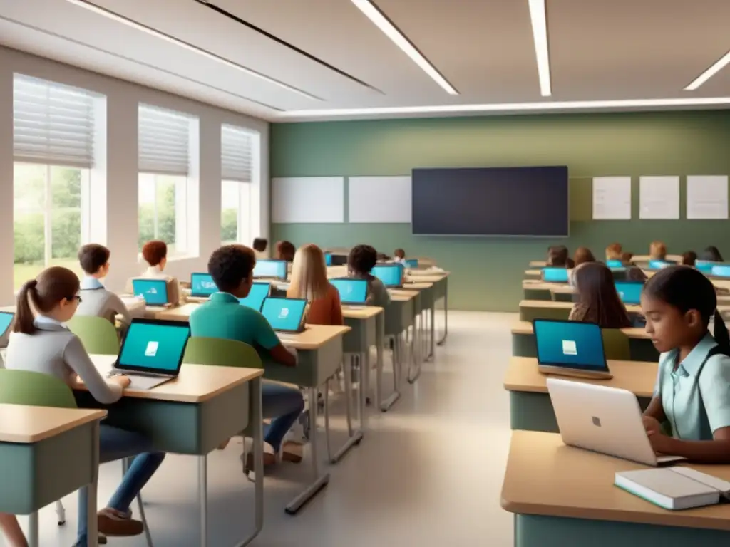 Aula digital con alumnos inmersos en dispositivos modernos Importancia privacidad educación digital: Estudiantes inmersos en tecnología moderna, protegidos por un escudo transparente