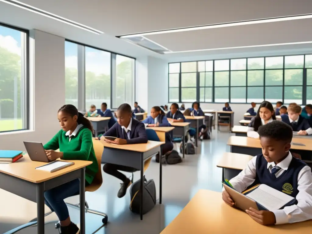 Aula escolar moderna con estudiantes en actividades educativas Escenario escolar moderno: estudiantes dedicados, tecnología y privacidad digital en América Latina