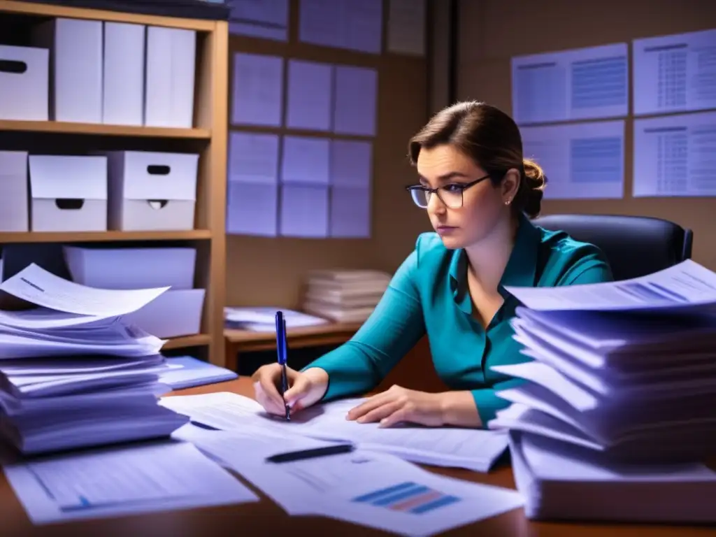 Desafío de datos personales sin consentimiento Persona en un escritorio rodeada de papeles, expresión de confusión