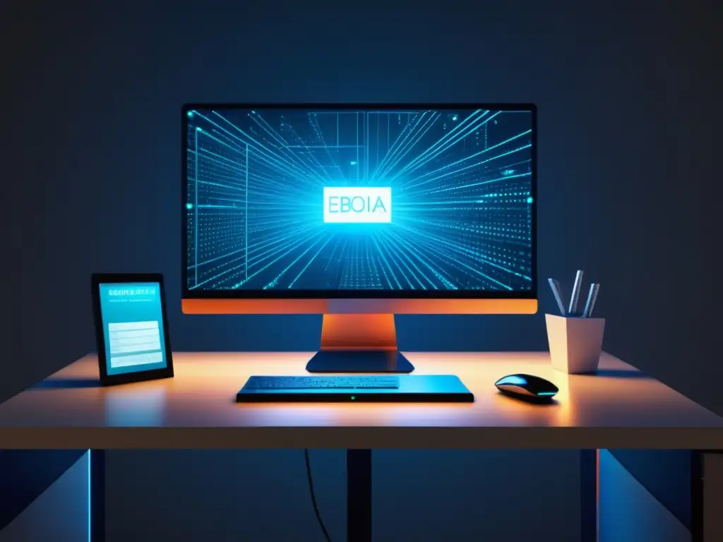 Escritorio minimalista con datos personales Importancia minimización datos en imagen de escritorio minimalista con datos personales visualizados como redes interconectadas