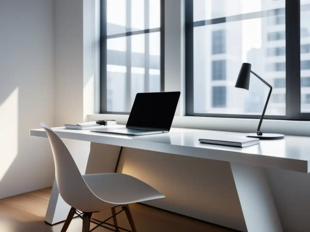 Oficina minimalista con énfasis en gestión de datos Escritorio minimalista, iluminado por luz natural, muestra importancia de la minimización de datos