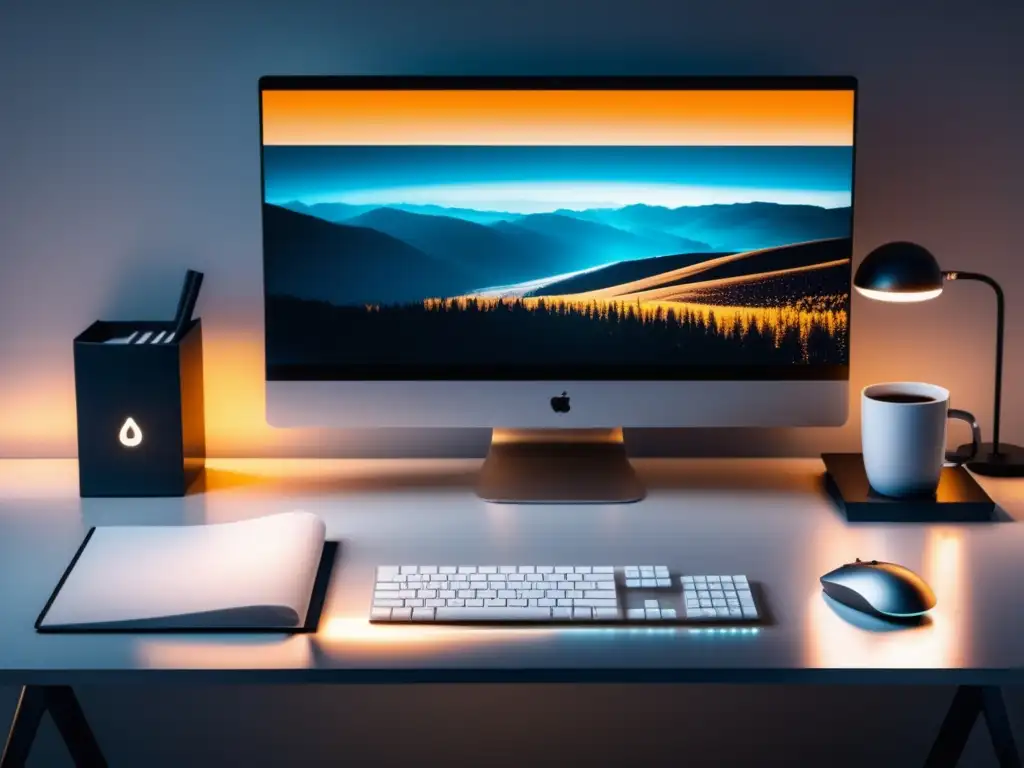 Elegante oficina minimalista con escritorio organizado Importancia principio minimización datos: Imagen de oficina minimalista con escritorio organizado y detalles ultradetallados