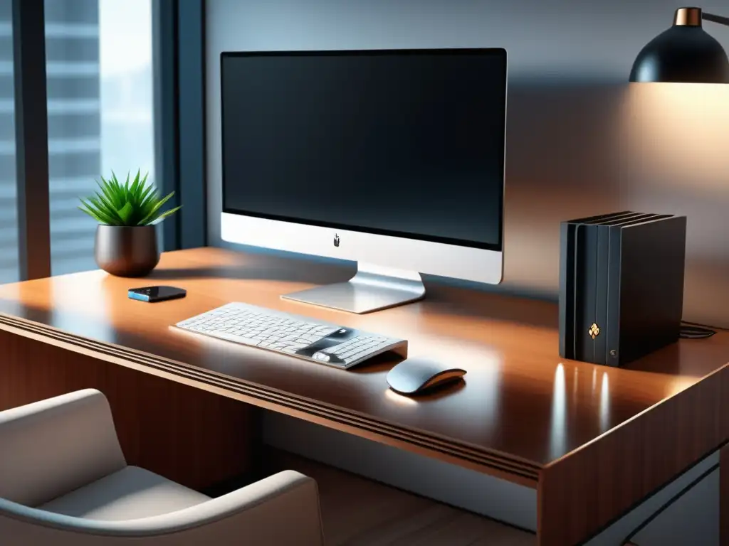 Escritorio minimalista: eficiencia y tecnología Escritorio minimalista con monitor social media (Habeas Data en redes sociales)