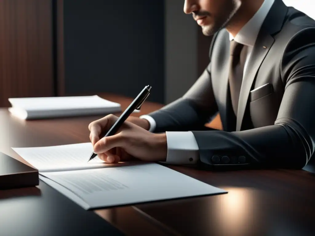 Persona escribiendo en un escritorio organizado Ejercer derechos de protección de datos en Dominicana: persona trabajando en escritorio organizado, escribiendo carta con atención y precisión