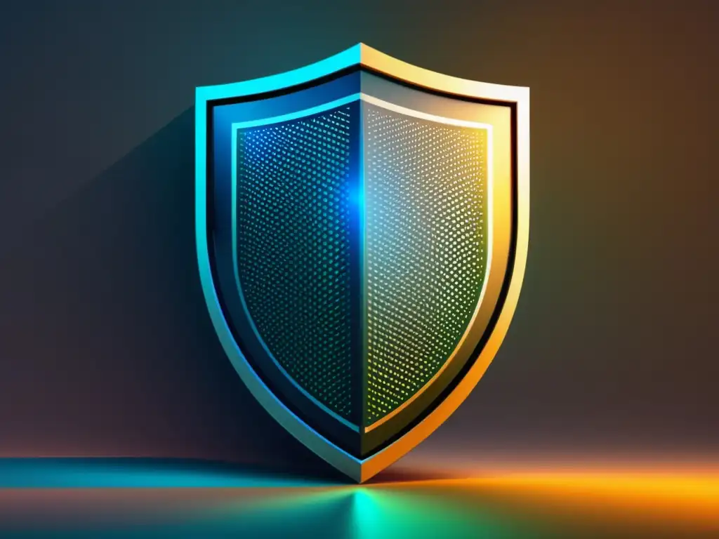 Escudo digital de seguridad Ilustración minimalista de un escudo digital con patrones geométricos que representan elementos de seguridad de datos