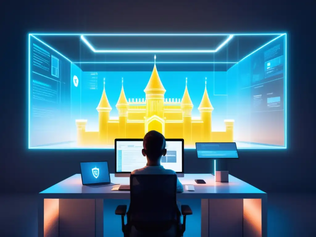 Estudiante segura en fortaleza digital Estudiante en escritorio con fortaleza digital
