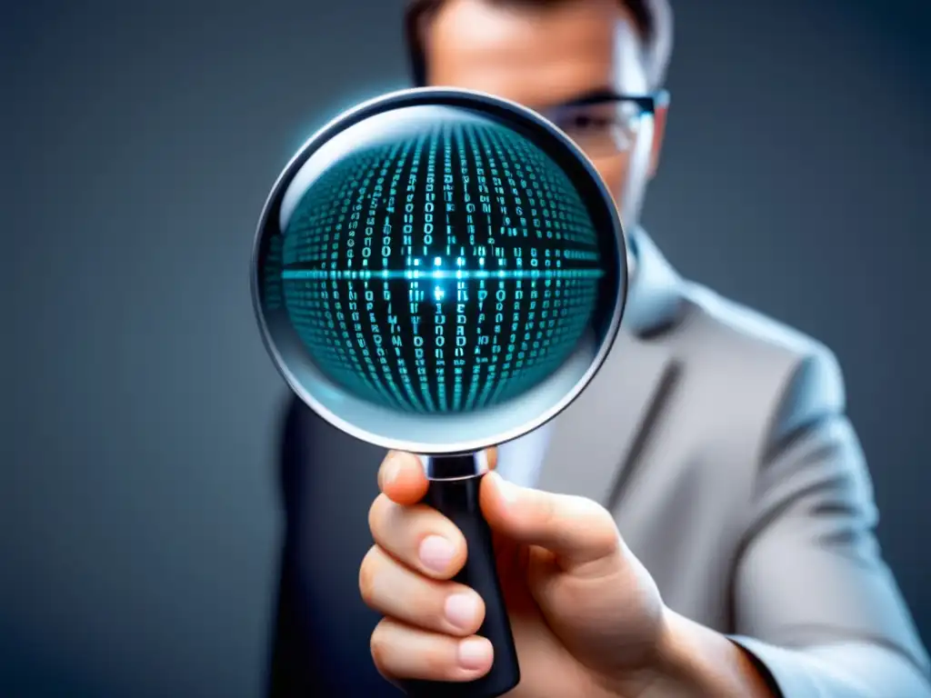 Persona examinando código binario Imagen: Persona sosteniendo lupa con código binario y clave 'Importancia ética protección datos personales'