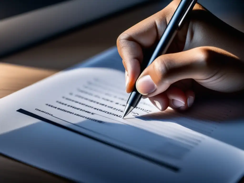 Firma de consentimiento con pluma Persona firmando consentimiento informado con precisión y profesionalidad