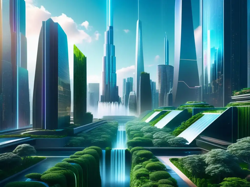 Ciudad futurista holográfica con profesionales innovadores Desafíos protección datos era inteligencia negocios: Futurista ciudad holográfica con profesionales colaborando