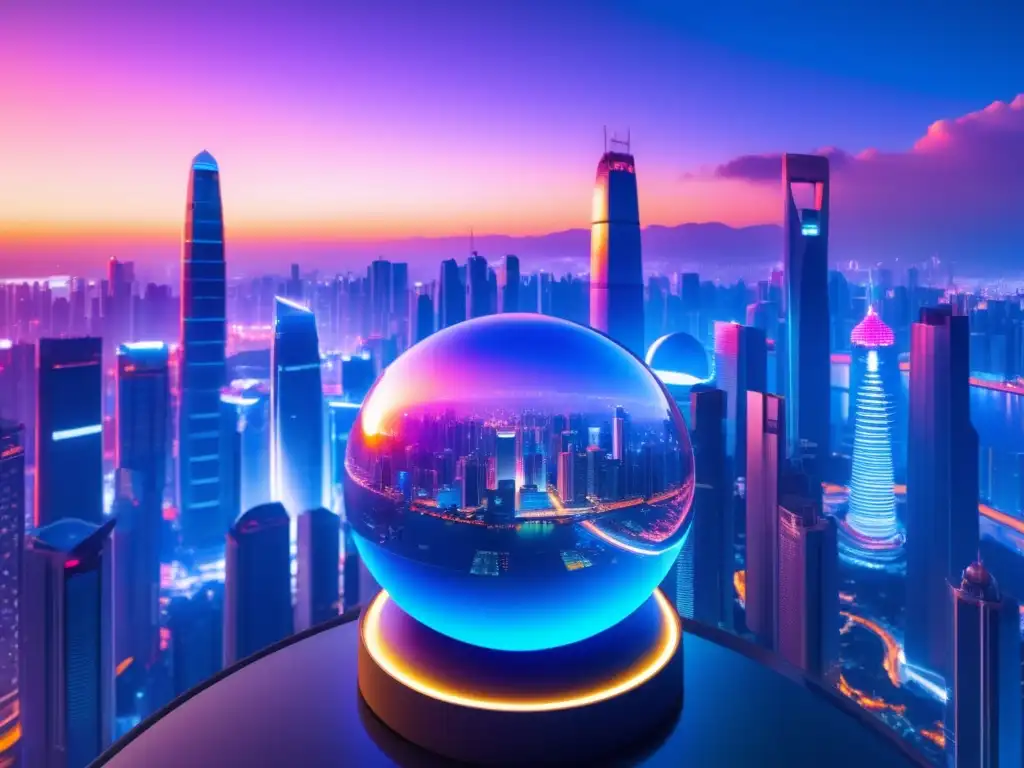 Ciudad asiática futurista al atardecer Ciudad asiática futurista con luces de neón: Impacto del RGPD en Asia y Oceanía