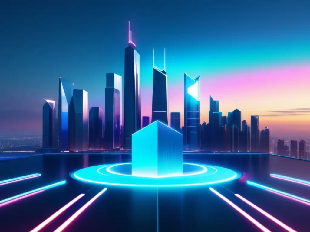 Protección financiera en la ciudad futurista Riesgos datos financieros digitales en paisaje digital futurista con ciudad metálica, virus binario, phishing y hackers