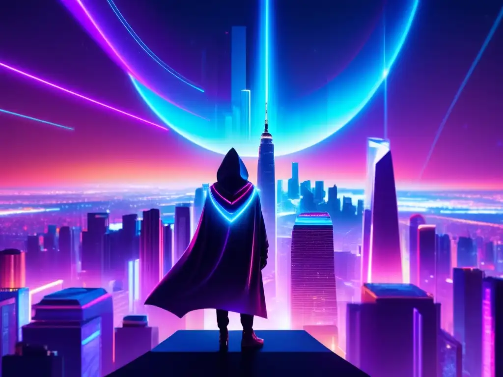 Futurista ciudad nocturna con hologramas y lucha por la privacidad Ciudad futurista de noche: Brecha tecnológica y privacidad digital