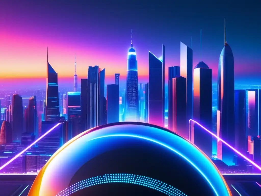 Futurista metrópolis iluminada por neon Protección de datos en la era digital: Futurista imagen con metrópolis, rascacielos de vidrio y globo con código binario