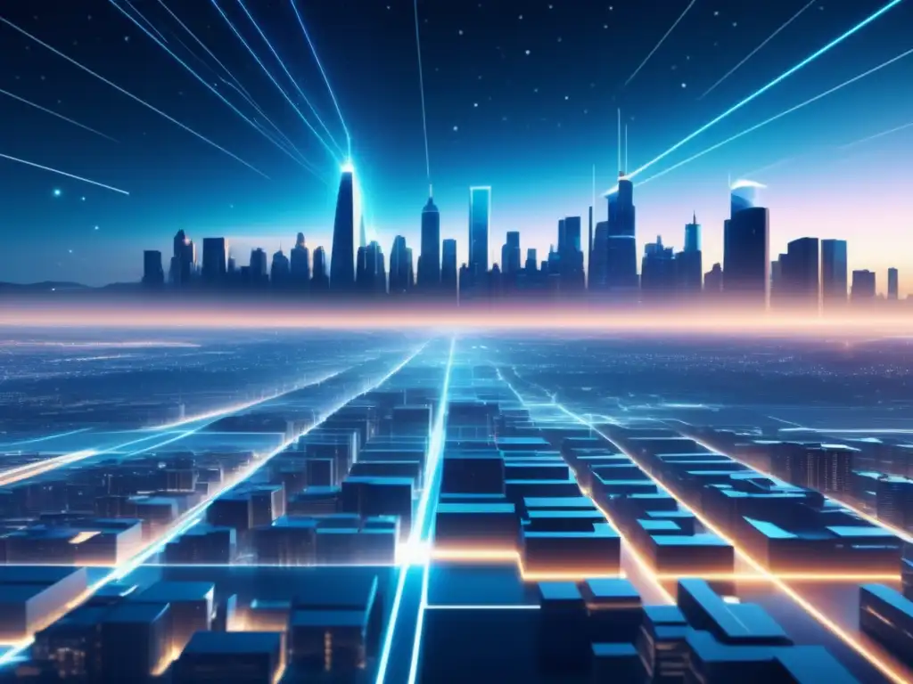 Paisaje digital futurista con redes de datos Futuro paisaje digital 8k con redes de datos, ciudad transparente y figura de privacidad