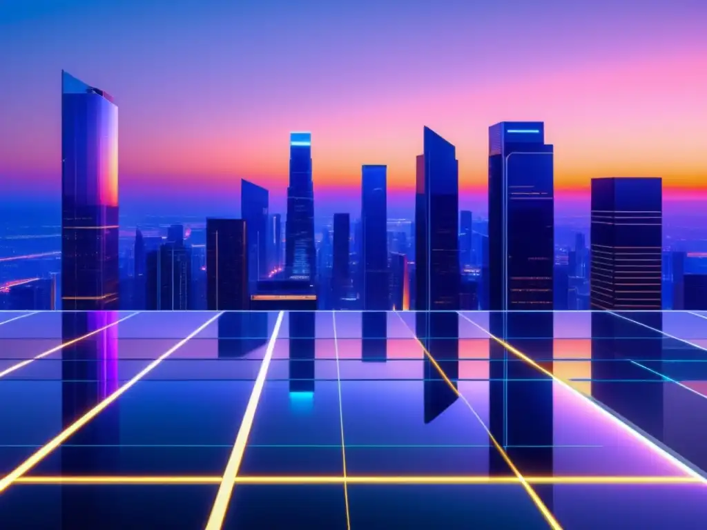 Ciudad futurista con edificios minimalistas y colores vibrantes Ciudad futurista con edificios minimalistas y protección de datos