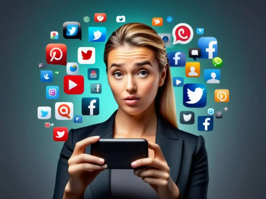 Persona usando smartphone con redes sociales Ilustración minimalista y realista de persona usando smartphone con iconos de redes sociales