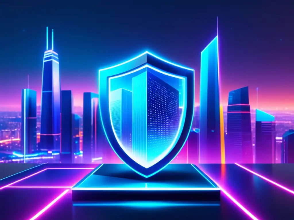 Protección de datos en ciudad futurista Protección datos personales digital: ciudad futurista con edificios de cristal, luz neón y escudo transparente de código encriptado