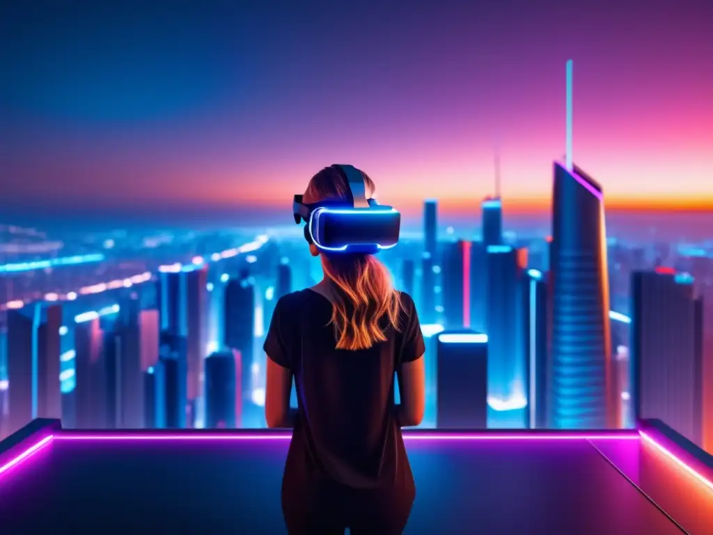 Futurista ciudad nocturna con realidad virtual Riesgos IA y privacidad: Futurista ciudad nocturna con rascacielos iluminados por neón