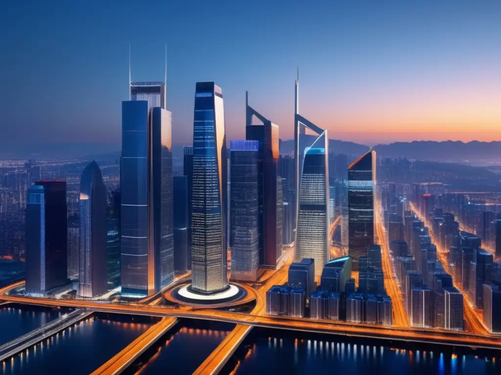 Ciudad moderna al atardecer: privacidad y seguridad Ciudad moderna al atardecer, protección datos digitales