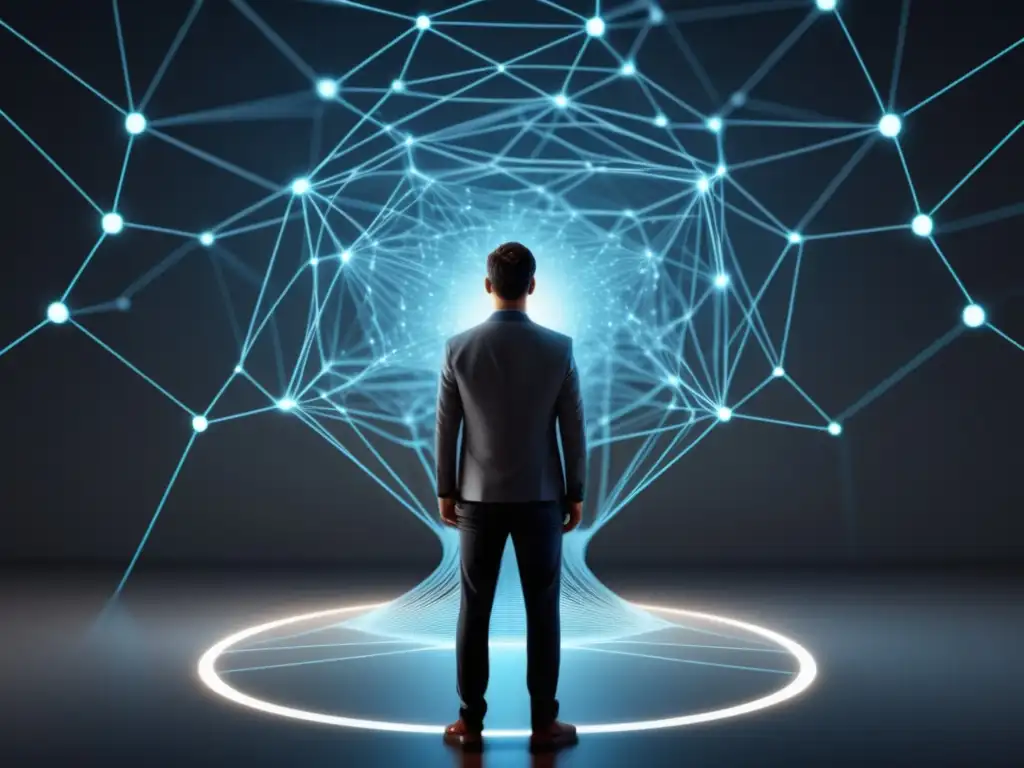 Consentimiento digital: persona rodeada de datos Importancia del consentimiento en privacidad: persona rodeada de nodos y flujos de datos digitales