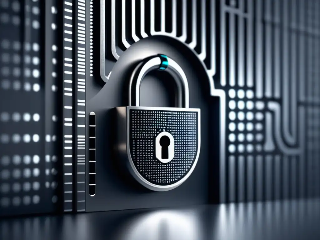Cerradura digital y código binario Importancia protección datos personales: cerradura digital plateada y código binario de fondo