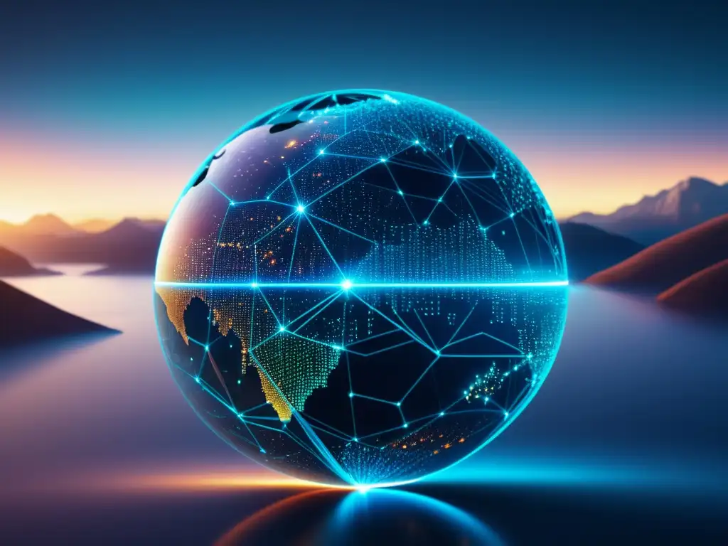 Representación minimalista y fotorealista del mundo digital Paisaje etéreo de circuitos interconectados y flujo de datos, simbolizando leyes de privacidad en el mundo digital