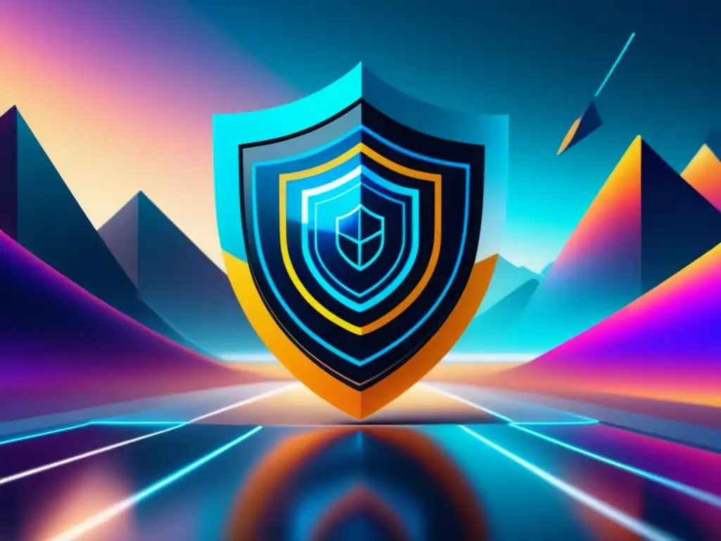 Paisaje digital futurista Protección datos en línea: imagen 8k detallada de paisaje digital futurista con escudo transparente y patrones representando el mundo online