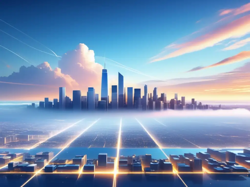 Paisaje digital minimalista con ciudad y nubes Paisaje digital: ciudad moderna con nubes, luz cálida y datos interconectados