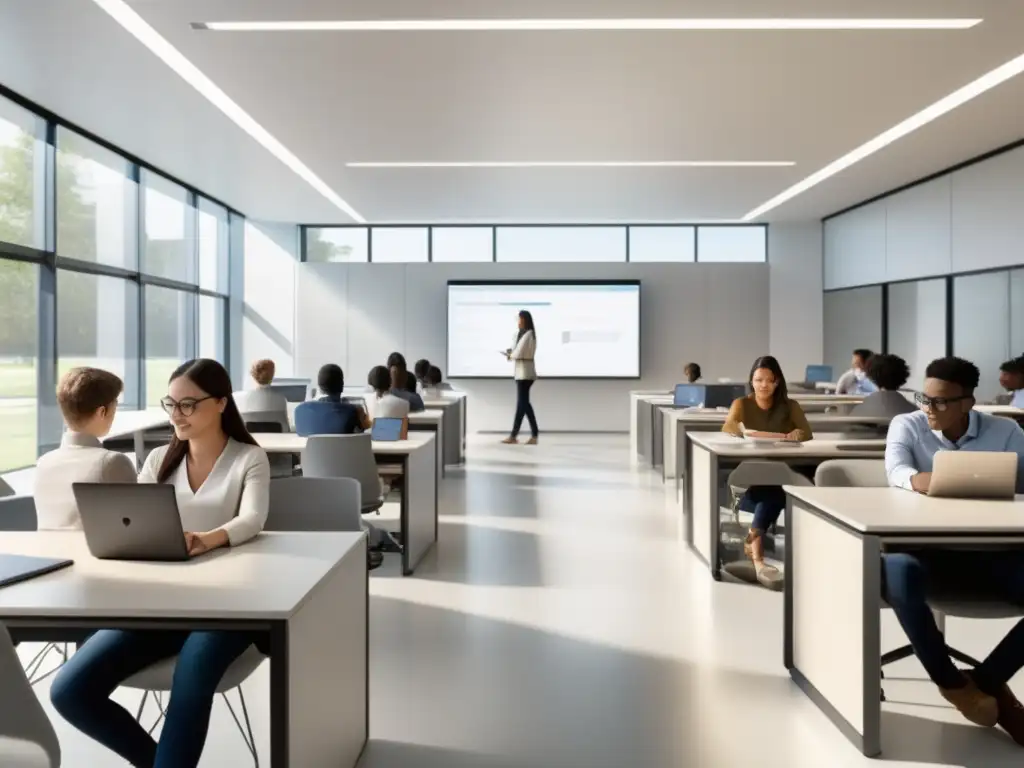 Aula digital sobre protección de datos Importancia educación digital privacidad: estudiantes en clase moderna, con ordenadores y tabletas, aprendiendo protección de datos