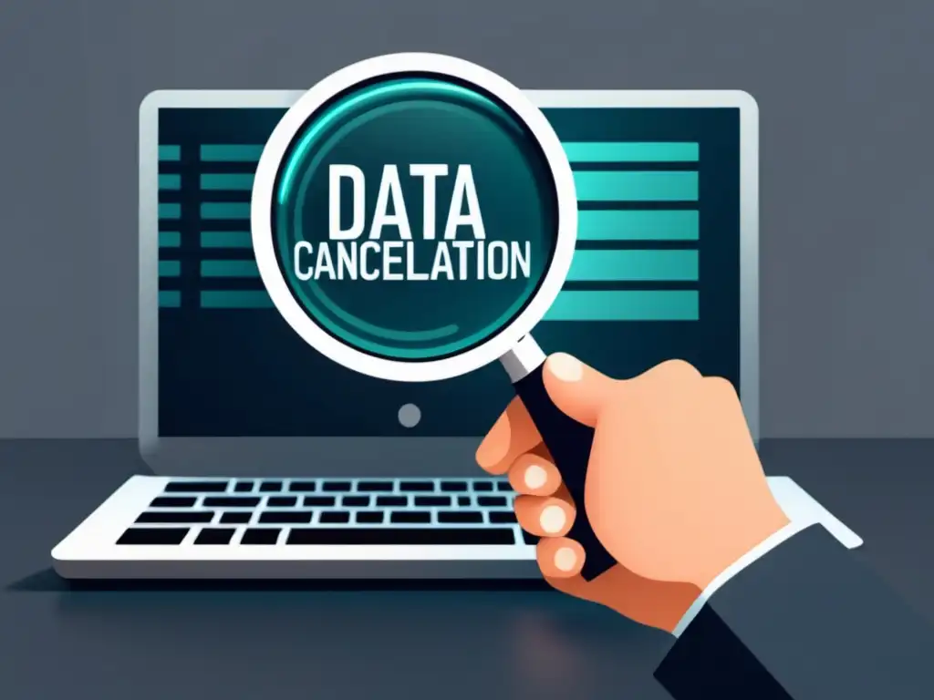 Persona con lupa y pantalla de computadora reflejada Persona con lupa y reflejo de pantalla borra archivo, ilustrando cancelación de datos