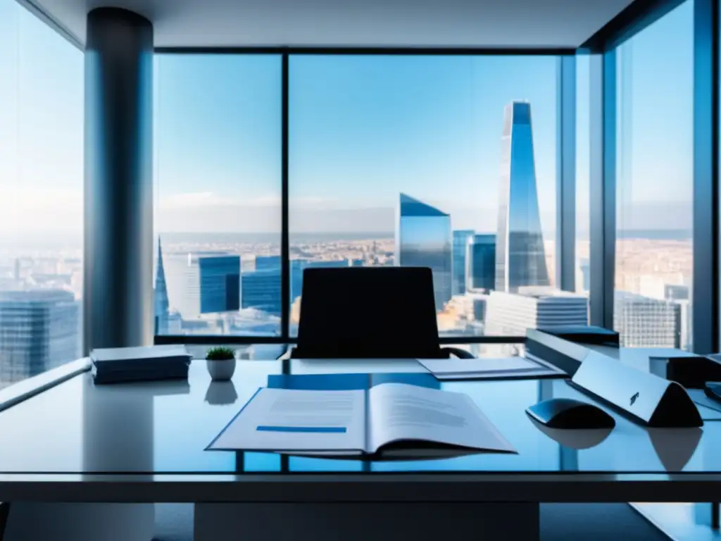 Oficina minimalista con escritorio de vidrio y vista urbana Oficina minimalista con vista a la ciudad y mejora de leyes de privacidad