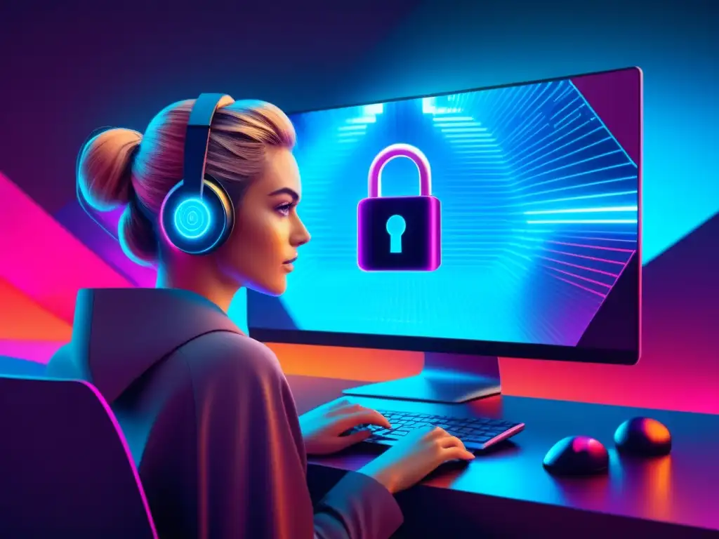 Privacidad digital: Protegiendo información Privacidad digital en Uruguay: Persona enfocada protege datos en paisaje digital futurista