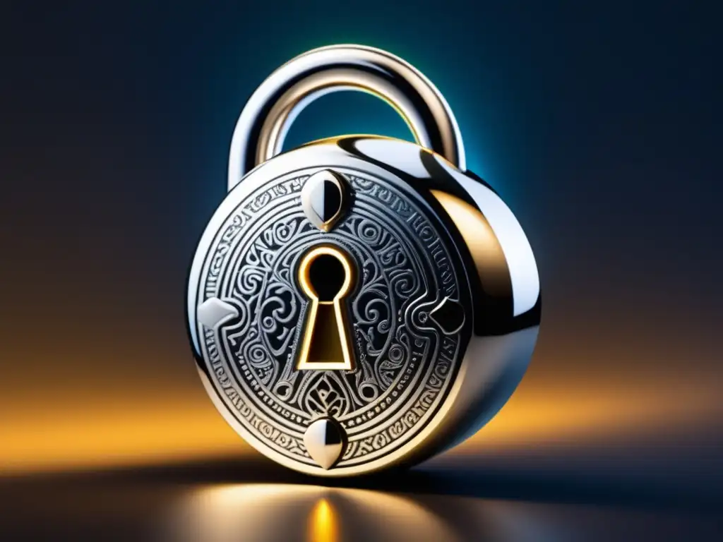Candado moderno y seguro de plata Cerradura moderna plateada con grabados que representan seguridad digital y privacidad
