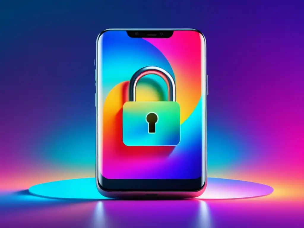 Protección de datos y privacidad Protección datos clientes: Smartphone moderno con pantalla translúcida y símbolo de candado, reflejando privacidad y seguridad