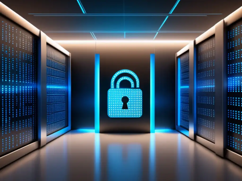 Protección de datos: bóveda bancaria y barrera de seguridad Imagen: Riesgos datos financieros digitales, protección en paisaje digital de datos con capas de seguridad
