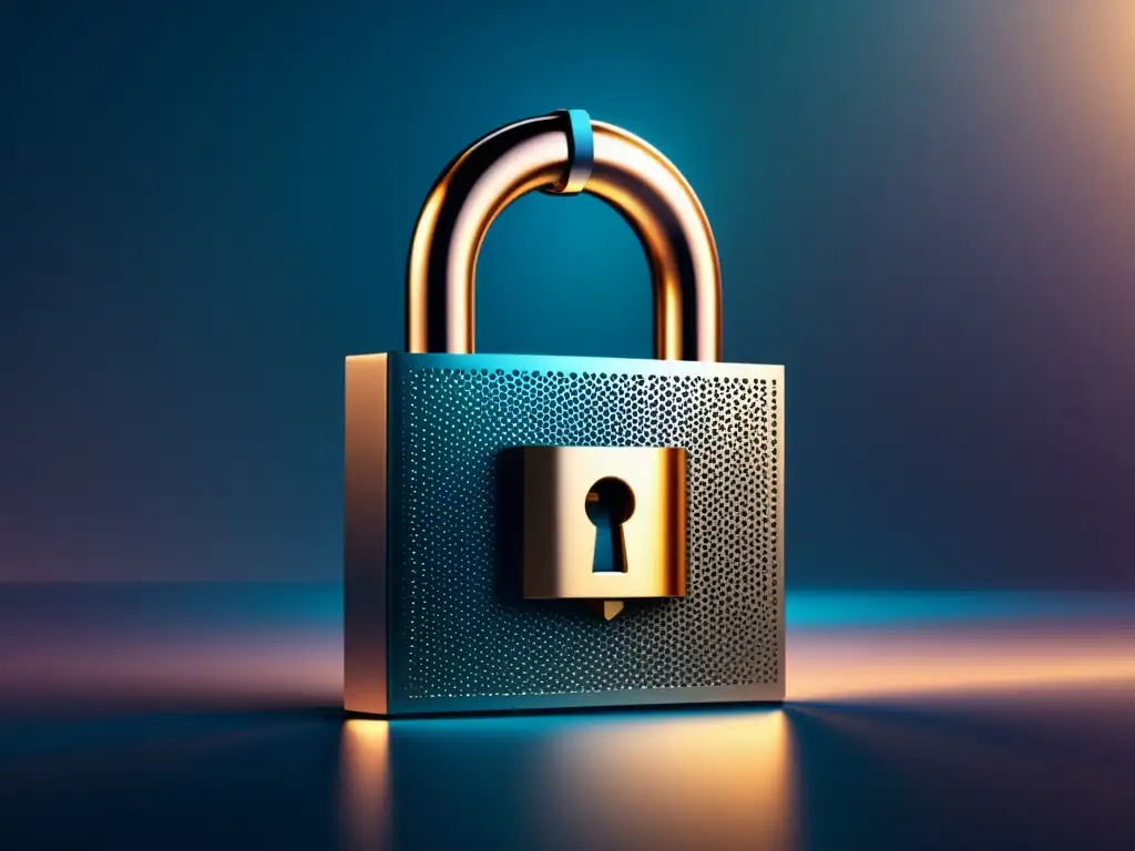 Priorizar contraseñas seguras y actualizaciones Importancia de la RGPD en la Protección de Datos: Imagen de un candado moderno y seguro con formas geométricas metálicas, reflejando la importancia de contraseñas fuertes y únicas