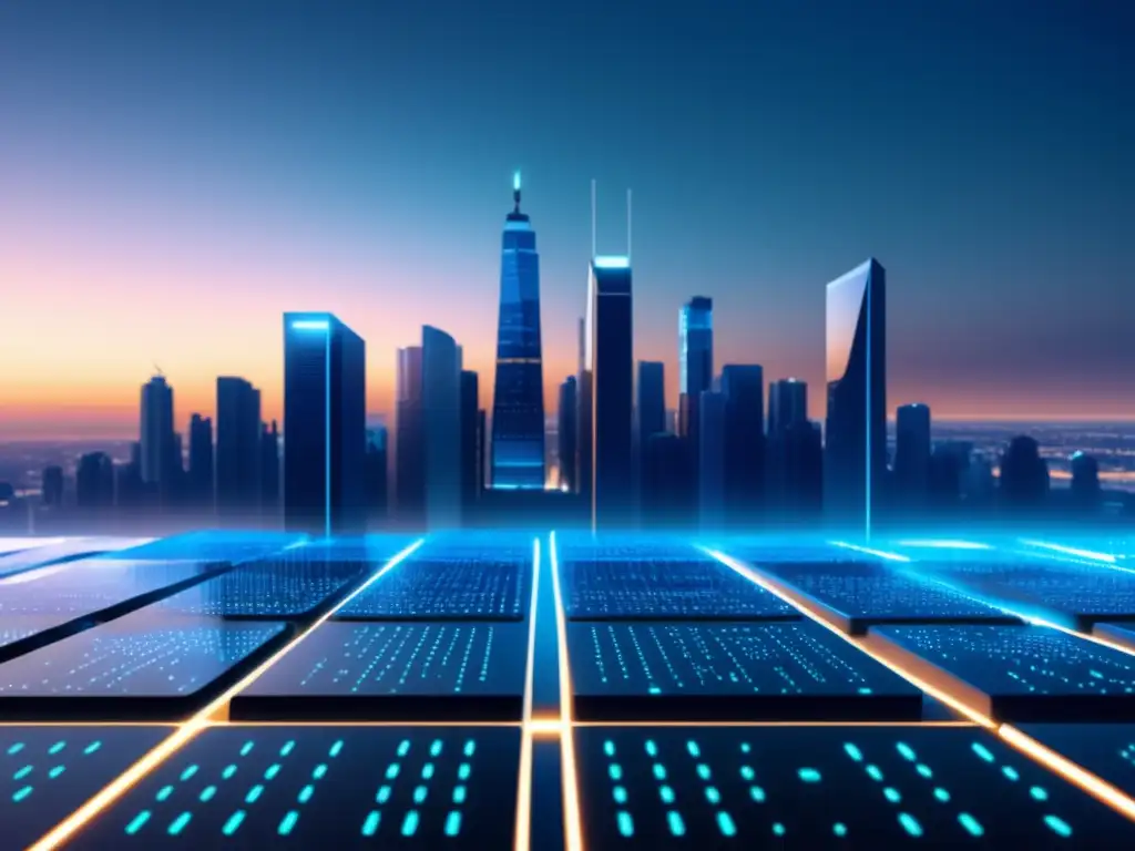 Avance tecnológico y privacidad Imagen digital: paisaje con rascacielos de código binario, tecnología conectada, datos personales y globalización