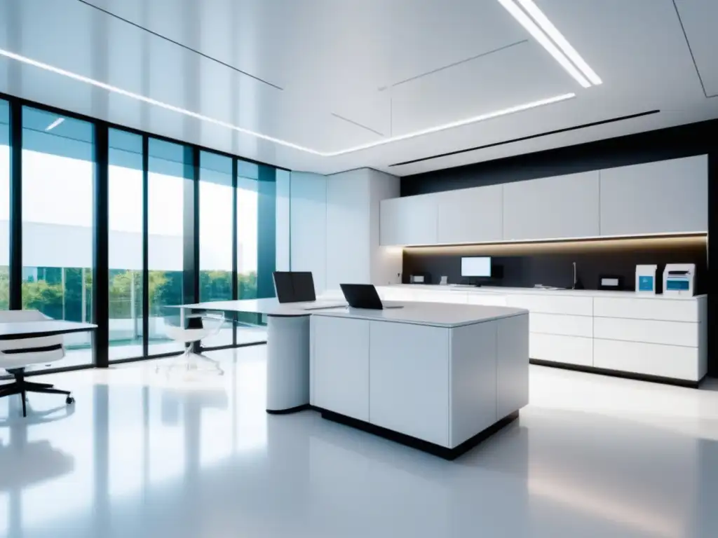 Laboratorio blanco: protección de datos Importancia del DPO en RGPD - Imagen de laboratorio blanco y moderno con equipamiento de última generación y arte abstracto en las paredes