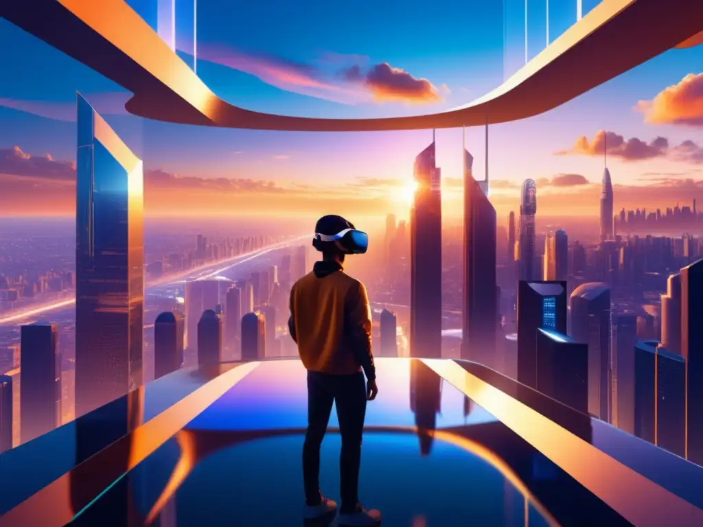 Futuro metaverso: Persona inmersa en realidad virtual Desafíos de privacidad en Metaversidad: Futuro metaverso con rascacielos, persona explorando con realidad virtual