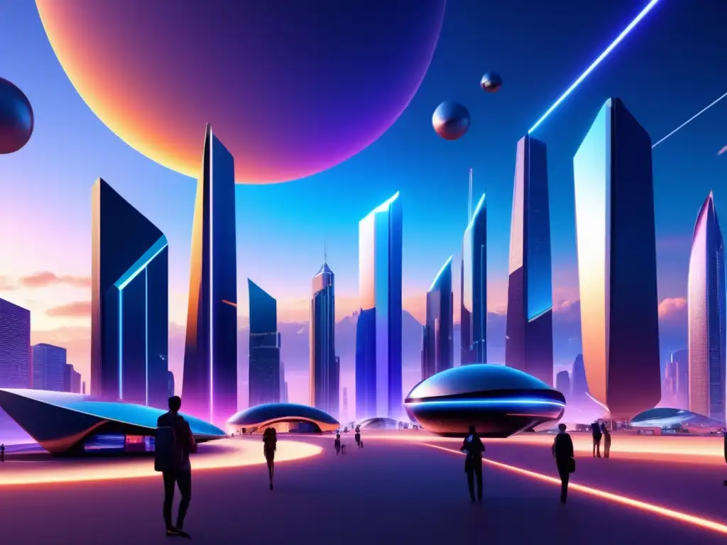 Metaverso futurista con edificios holográficos Paisaje del metaverso hispano: Edificios futuristas, realidad virtual, protección de datos